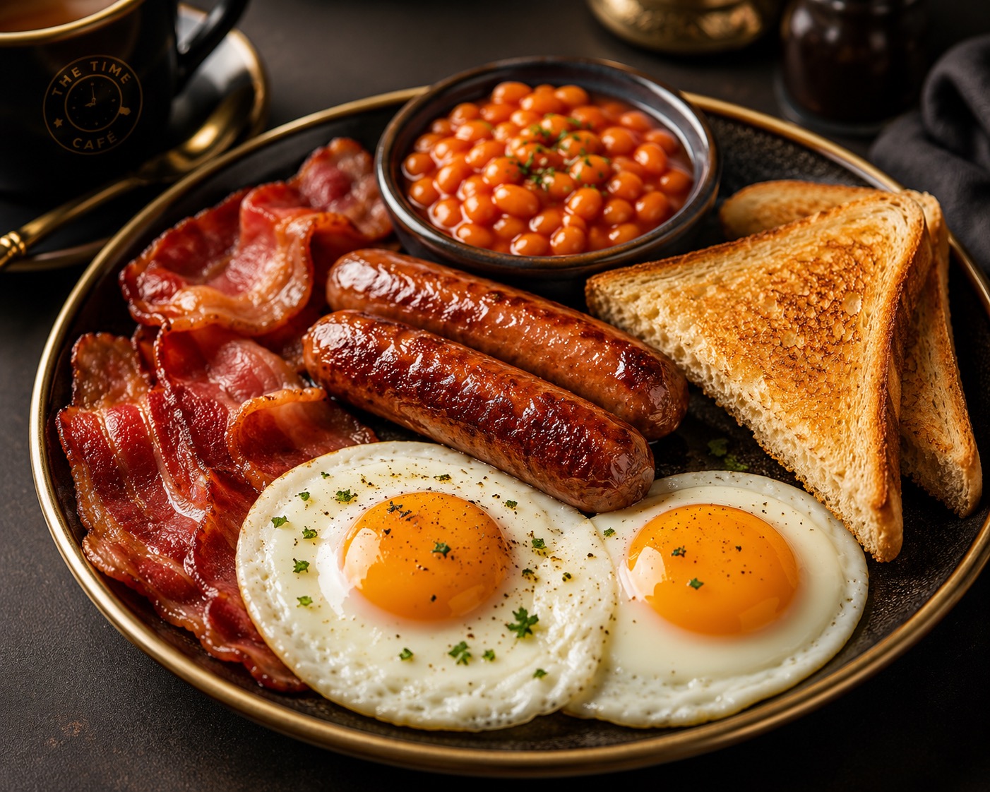 Classic breakfast plate with eggs, bacon, sausages, beans, and toast.