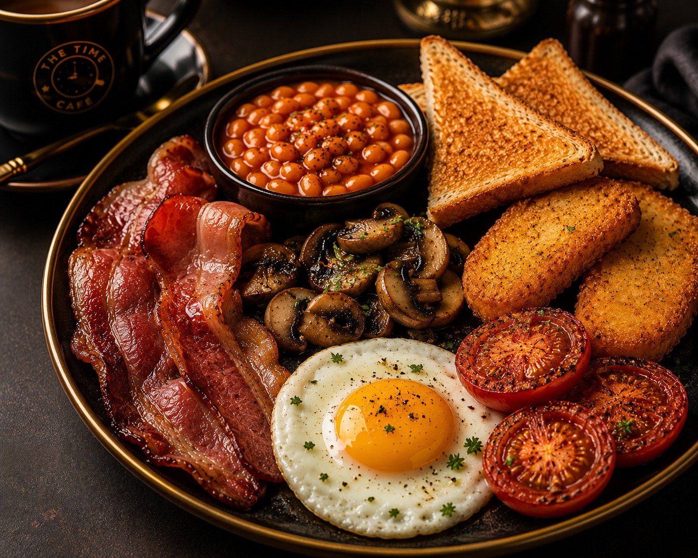 Full breakfast plate with bacon, mushrooms, hash browns, tomatoes, beans, egg, and toast.