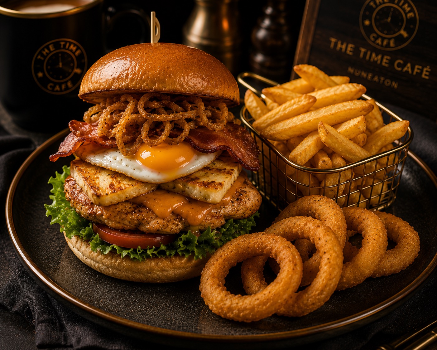 Chicken fillet burger served with chips and onion rings.