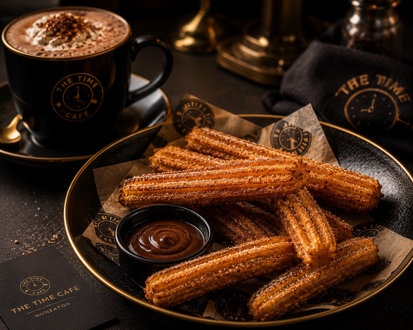 Churros with chocolate sauce and a hot drink.