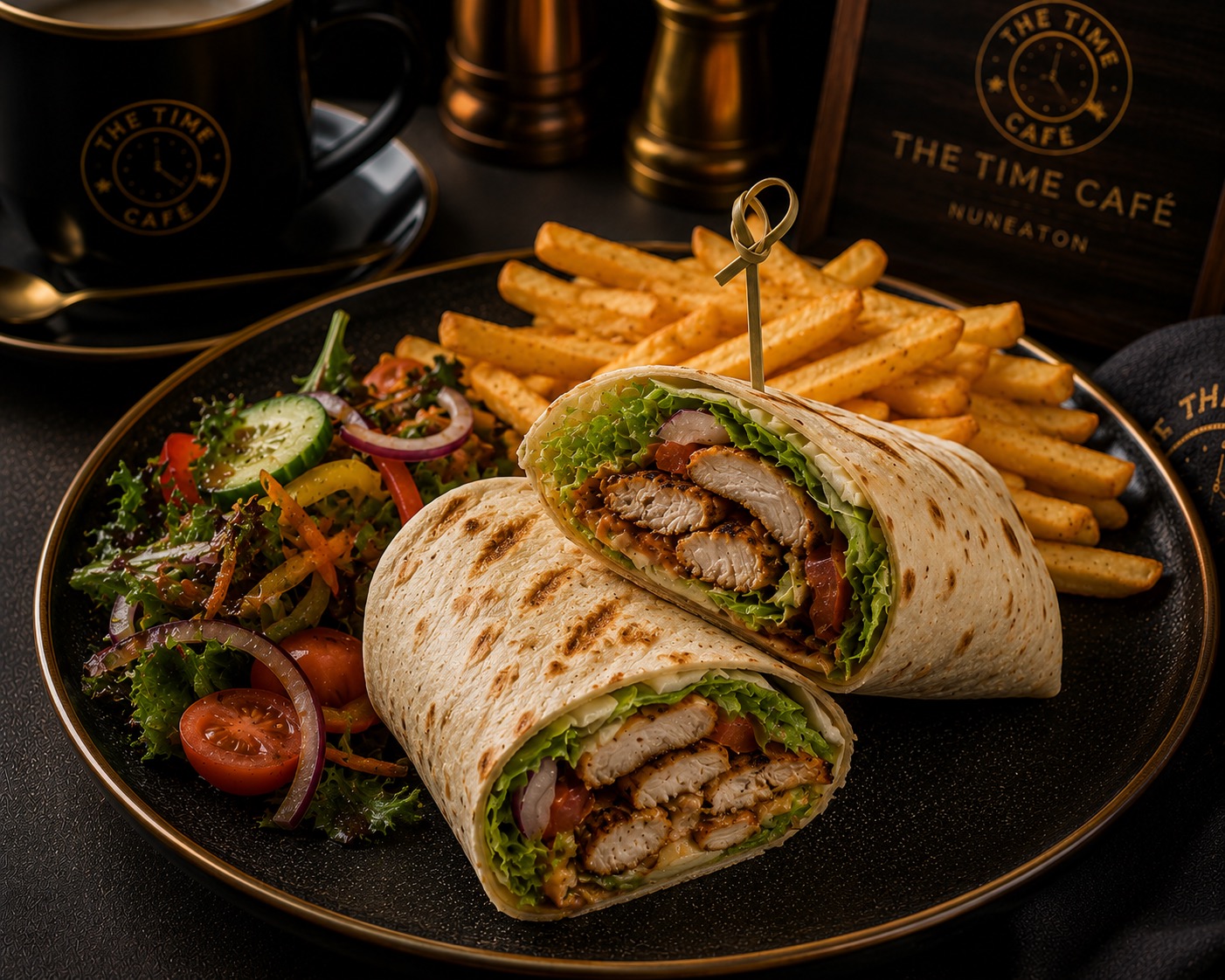 Grilled chicken wrap served with chips and salad.