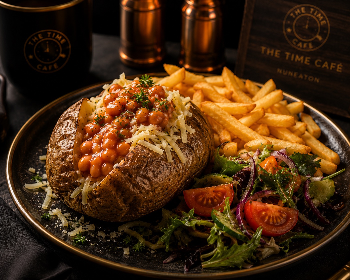 Jacket potato with beans, cheese, chips, and salad.