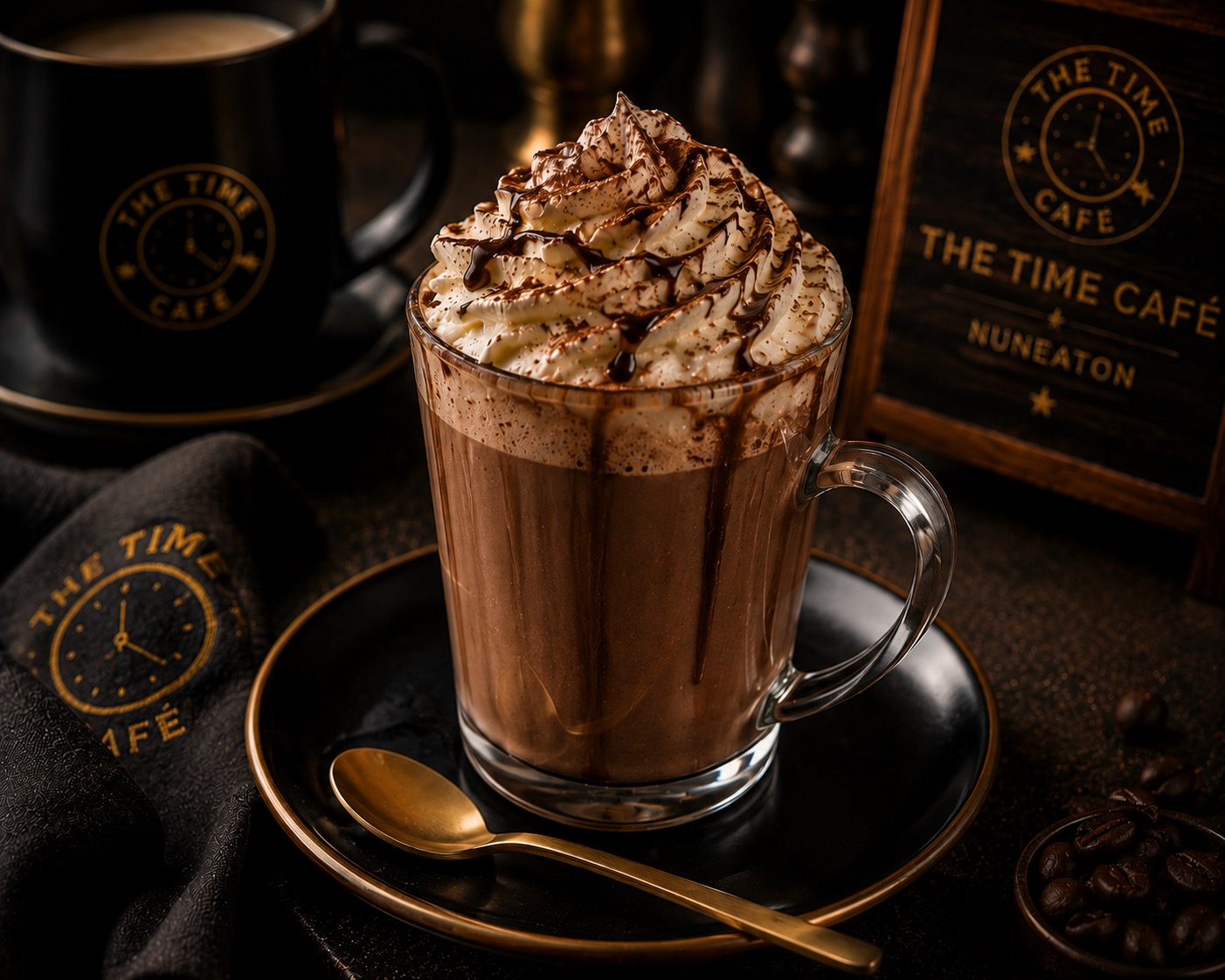 Mocha topped with whipped cream and chocolate drizzle.